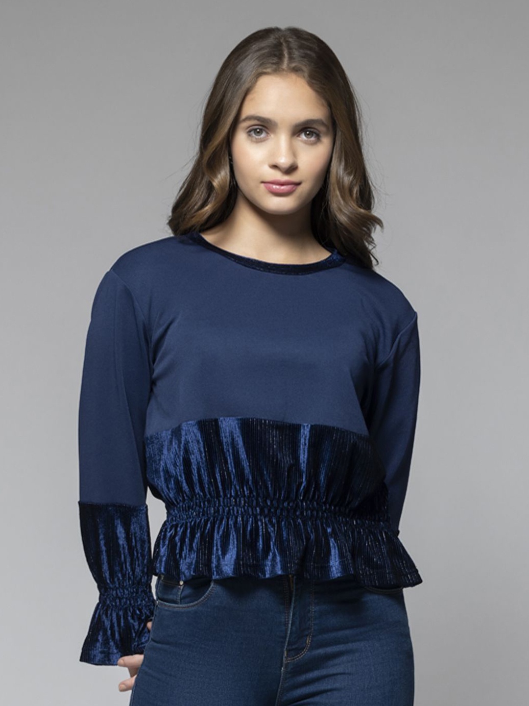 

SHAYE Women Round Neck Peplum Top, Blue