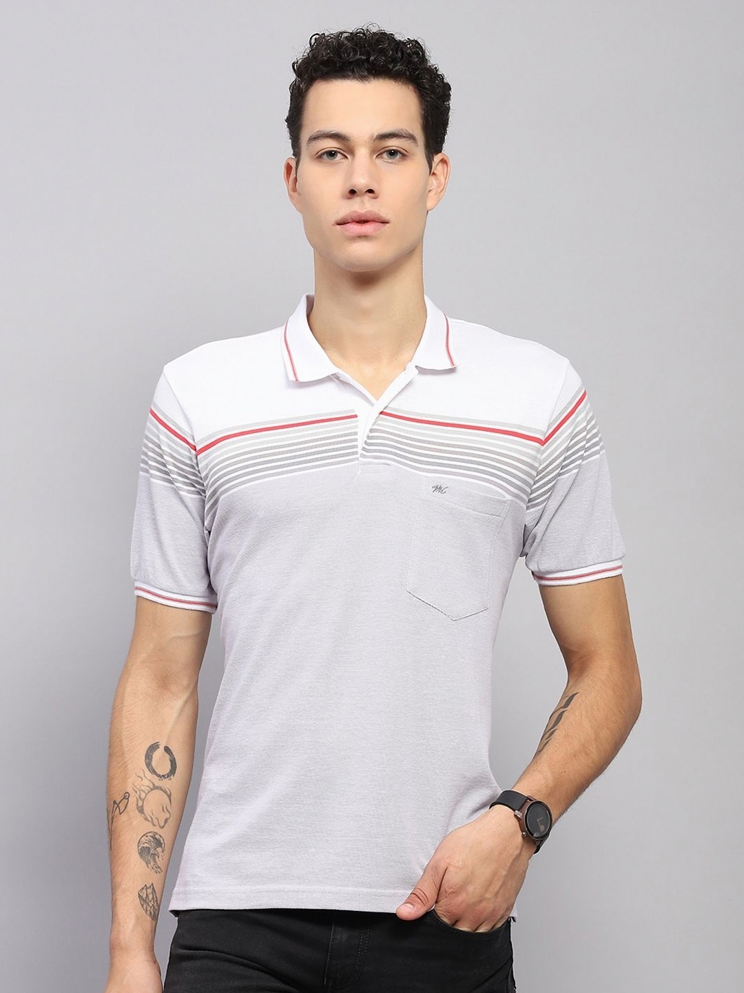 

Monte Carlo Men Striped Polo Collar Cotton T-shirt, White