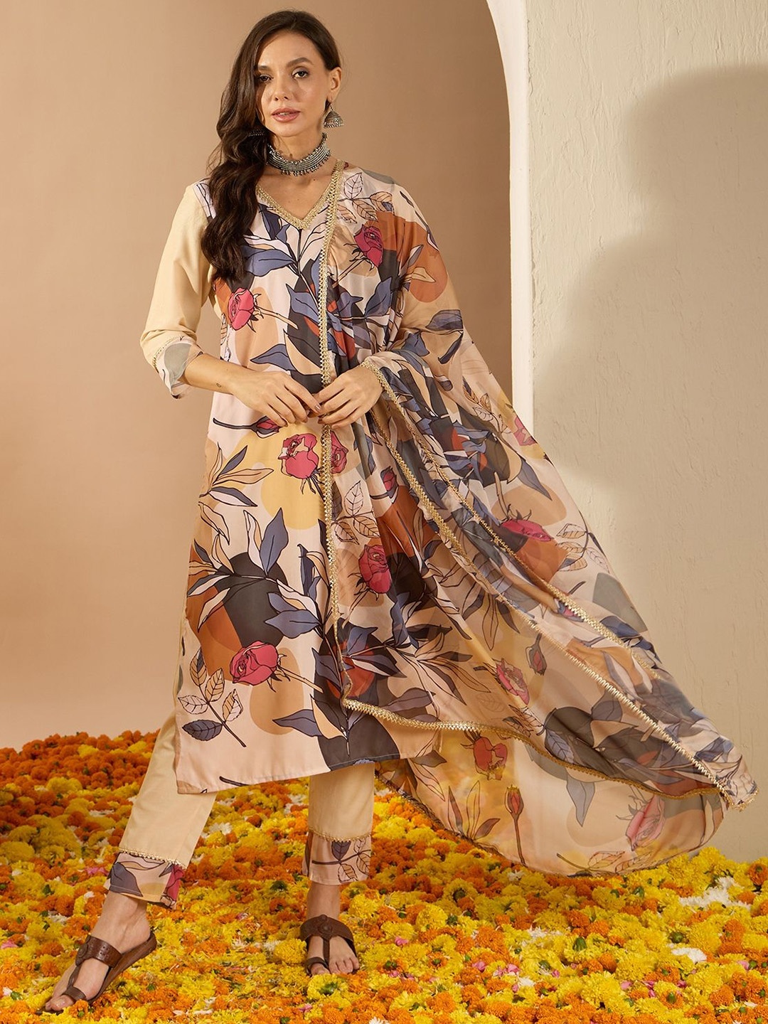 

ZIYAA Cream-Coloured Floral Printed Gotta Patti Straight Kurta With Trousers & Dupatta