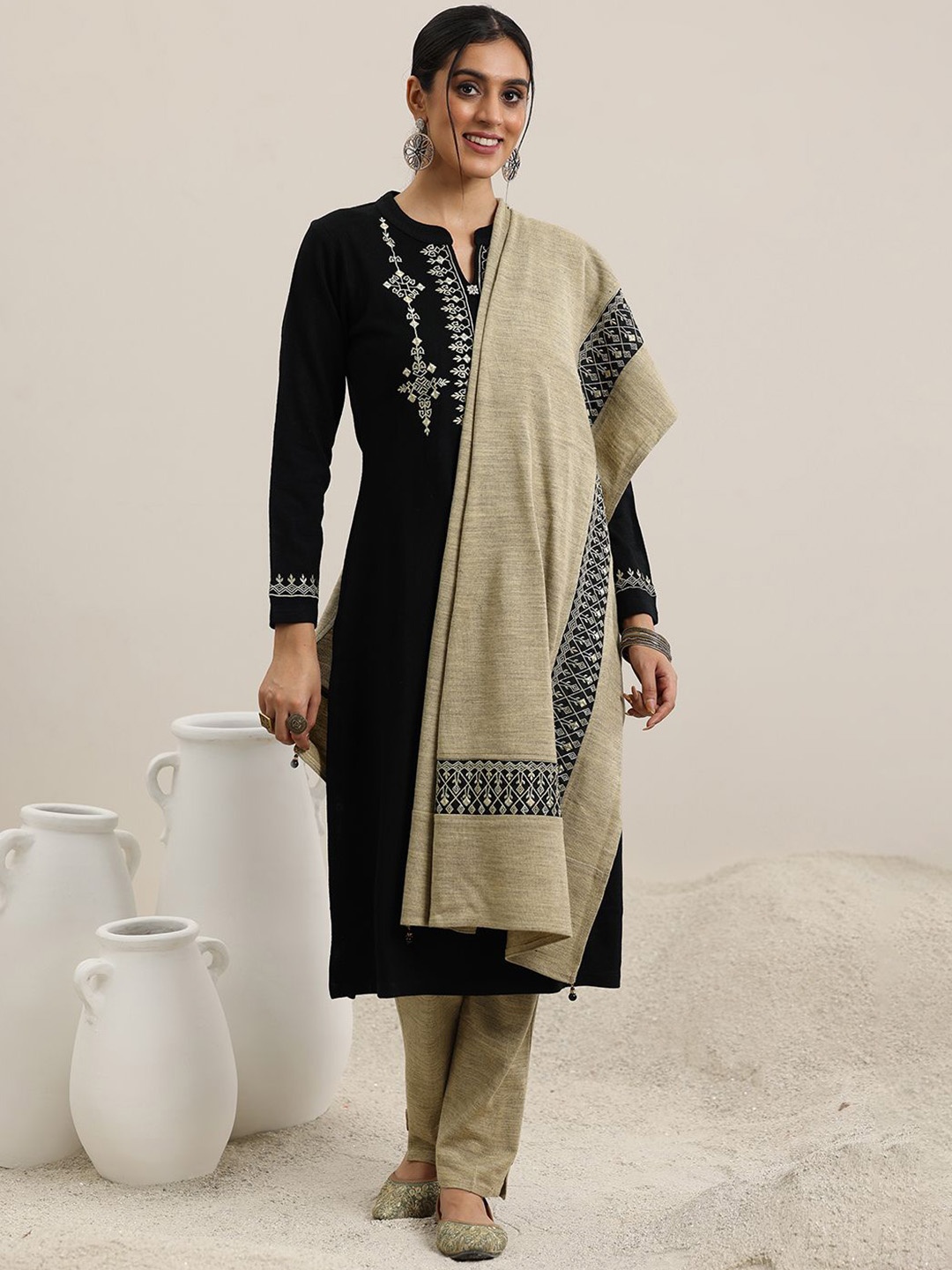 

Libas Yoke Design Mandarin Collar Straight Kurta With Trousers & Dupatta, Black