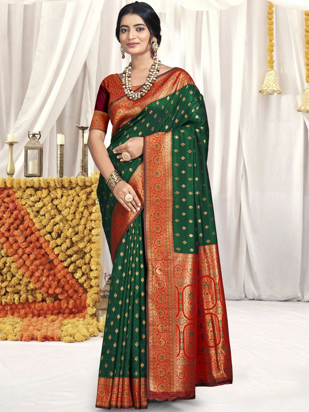 

Ishin Woven Design Zari Silk Blend Saree, Green