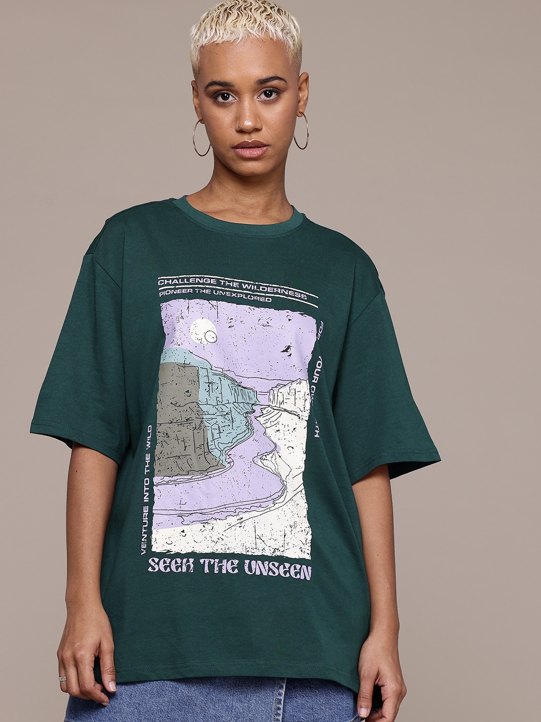 

The Roadster Lifestyle Co Printed Pure Cotton Oversized T-shirt, Green