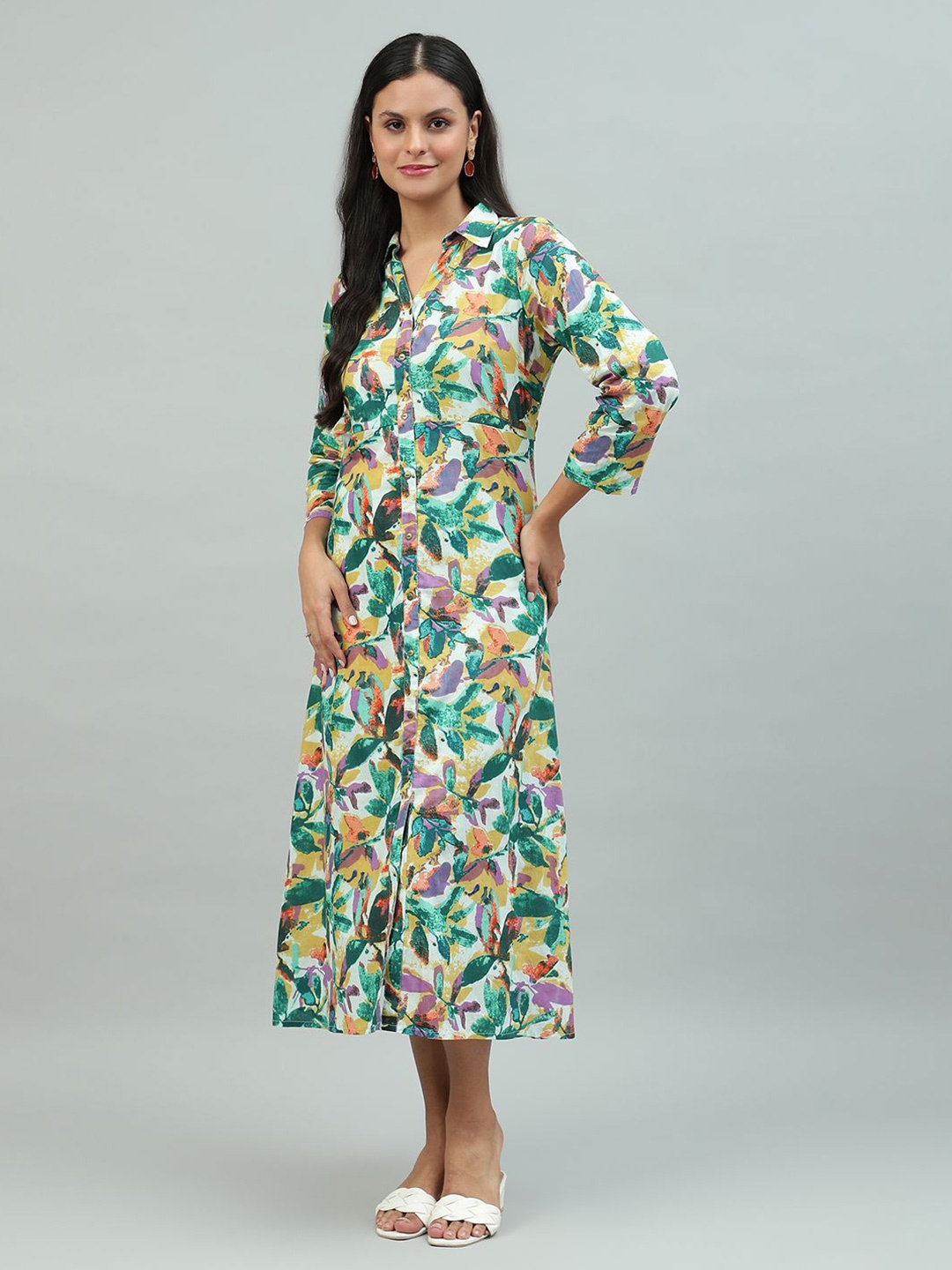 

FLAMBOYANT Floral Print Shirt Midi Dress, Mustard