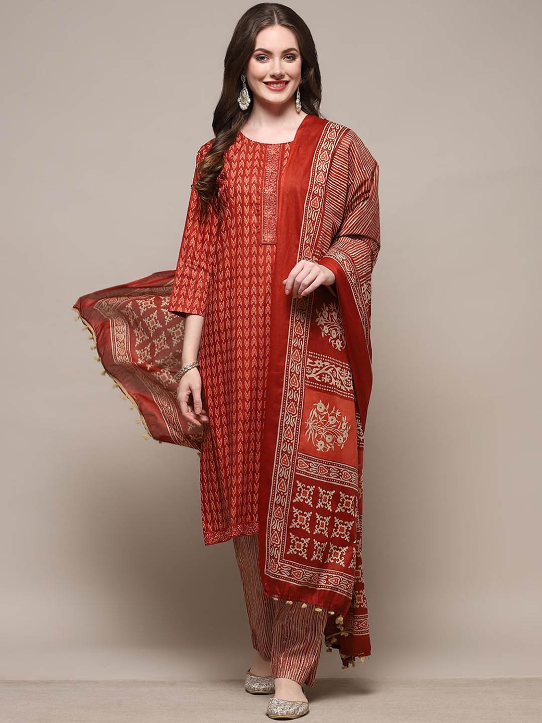 

Biba Ethnic Motifs Pure Cotton Unstitched Dress Material, Red
