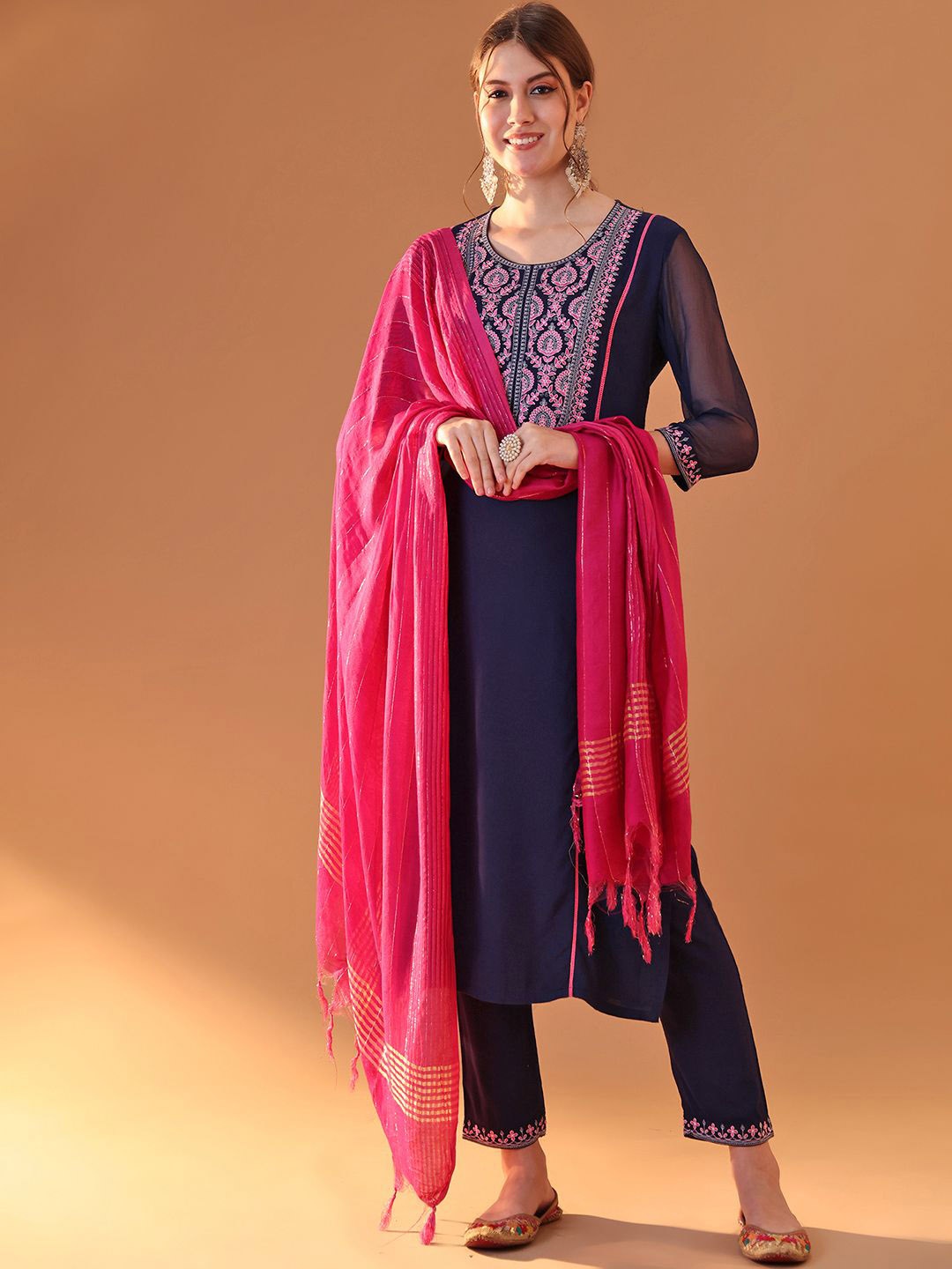 

Tulsattva Ethnic Motifs Embroidered Round Neck Regular Kurta With Trouser With Dupatta, Purple