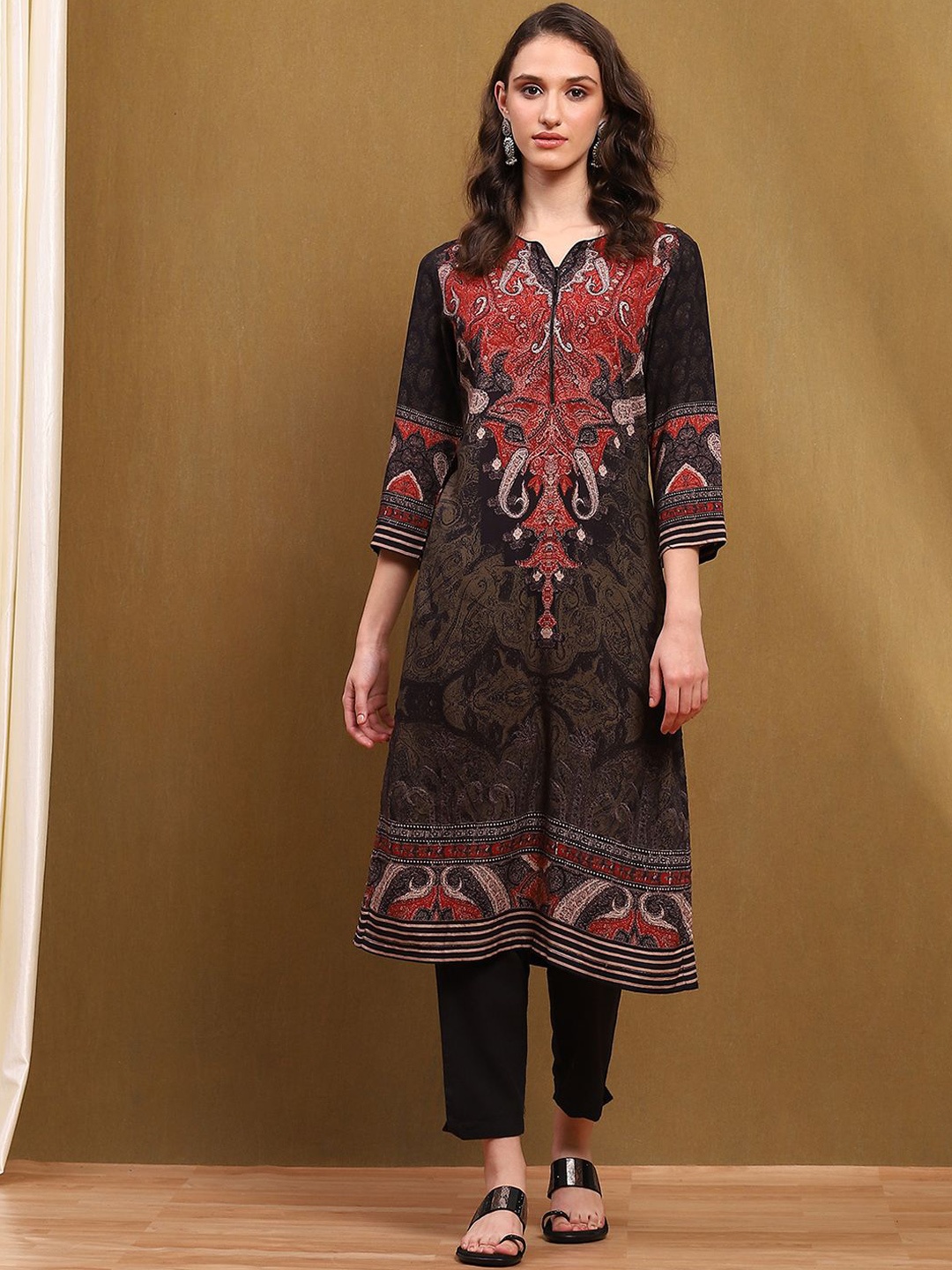 

Biba Ethnic Motifs Printed Straight Kurta, Black