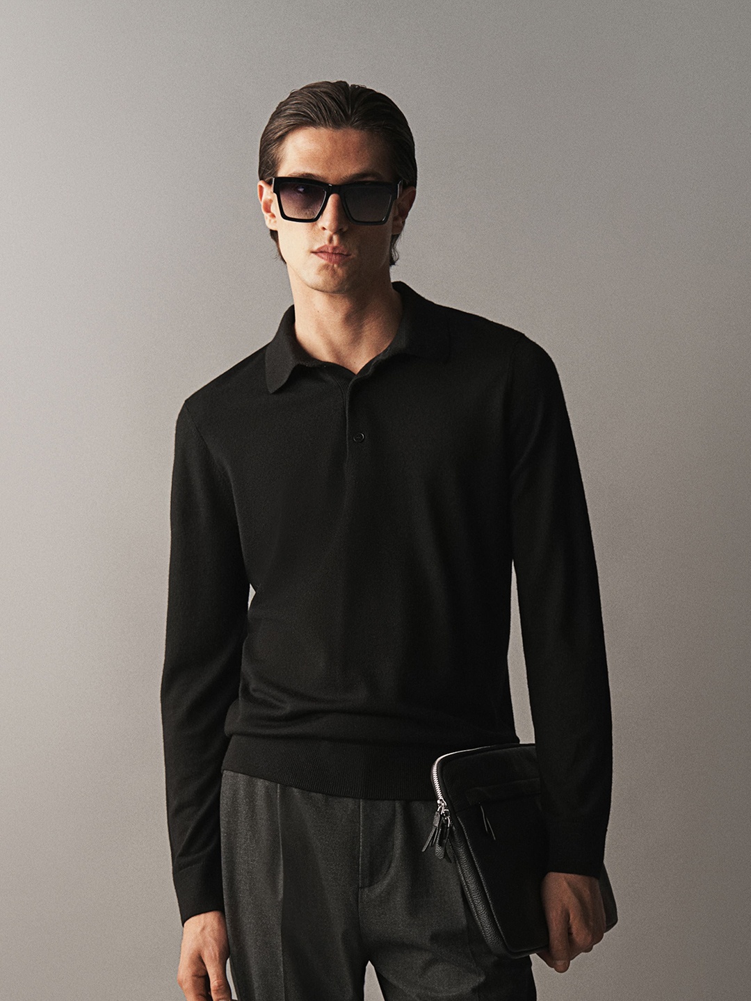 

H&M Slim Fit Wool Polo T-shirt, Black
