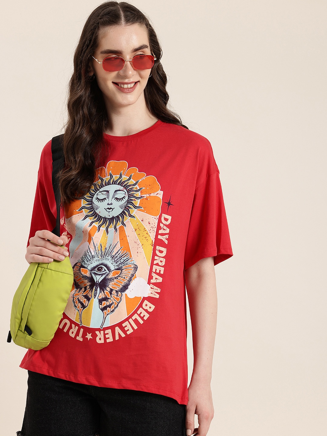 

HERE&NOW Women Printed Drop-Shoulder Sleeves Pure Cotton T-shirt, Red
