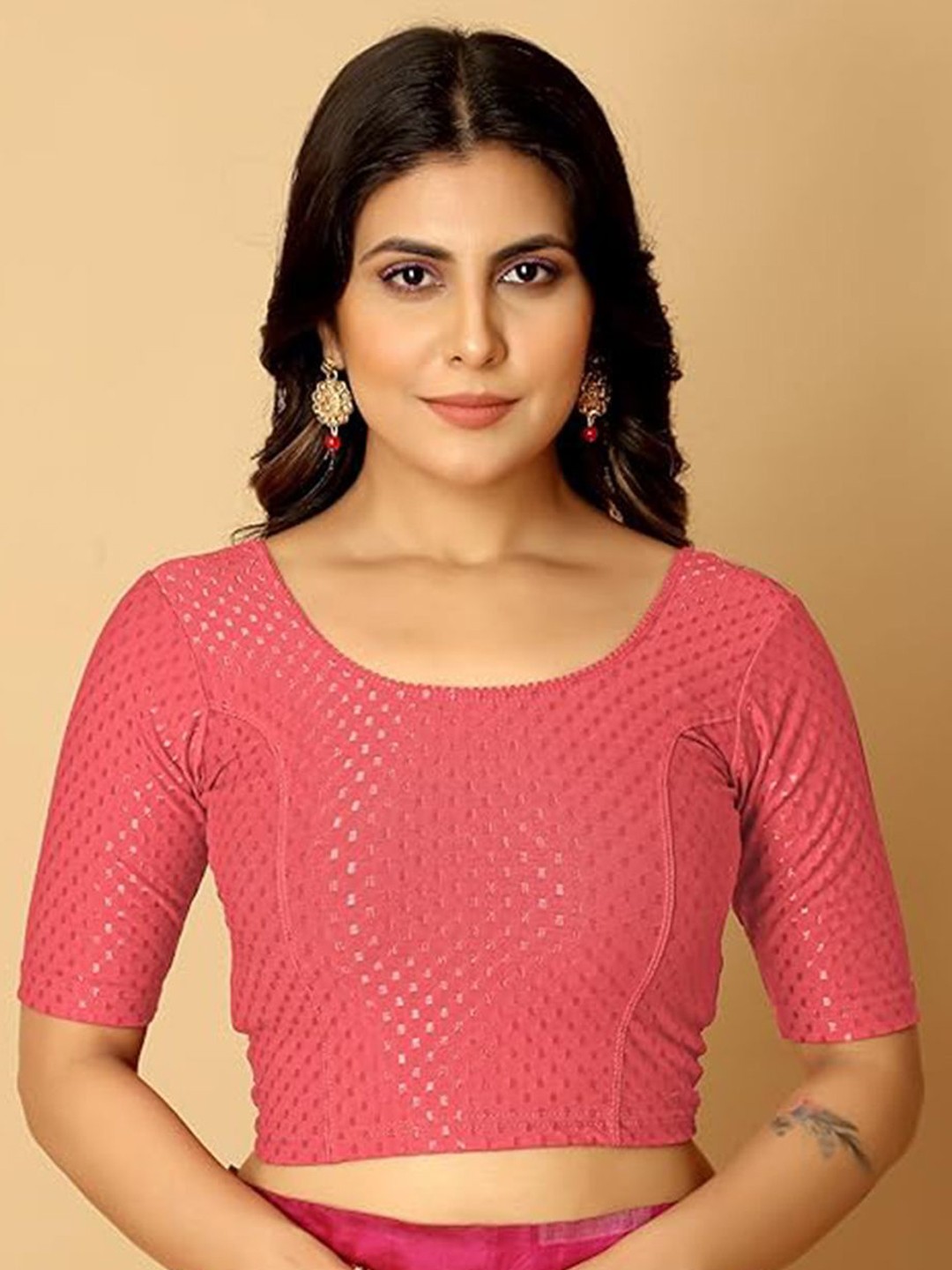 

Jaanvi Women Woven Design Elbow Sleeve Readymade Saree Blouse, Red