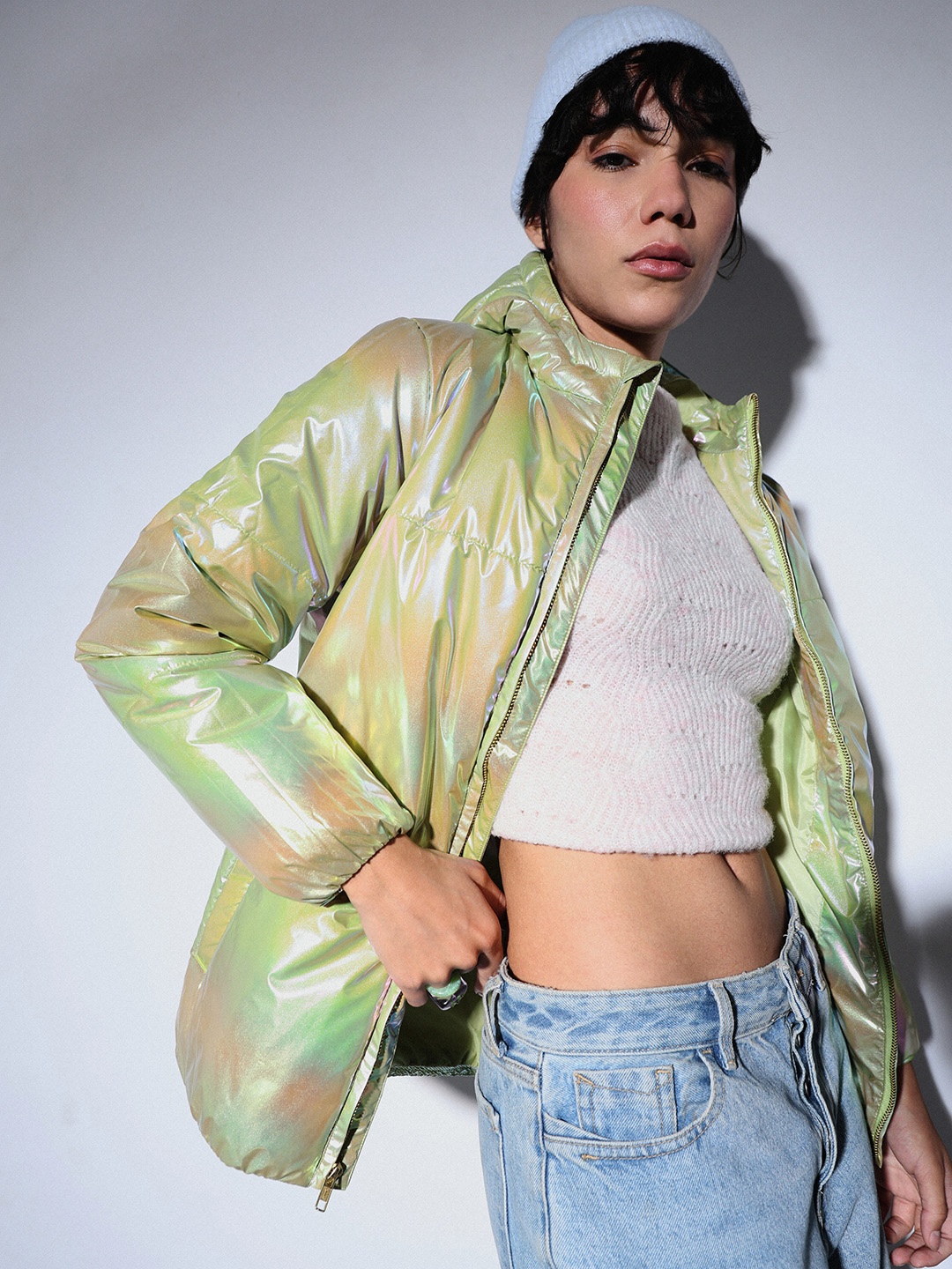 

ONLY Women Hooded Tie and Dye Self Design Casual Puffer Jacket, Green