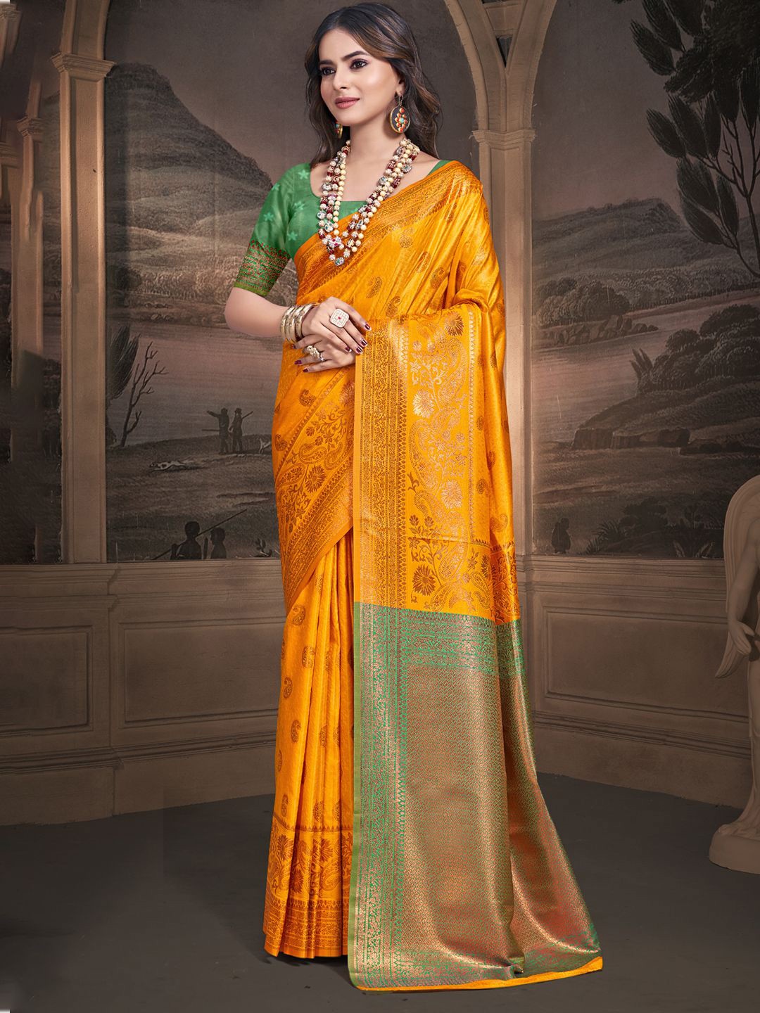 

Ishin Ethnic Motifs Zari Silk Blend Saree, Orange