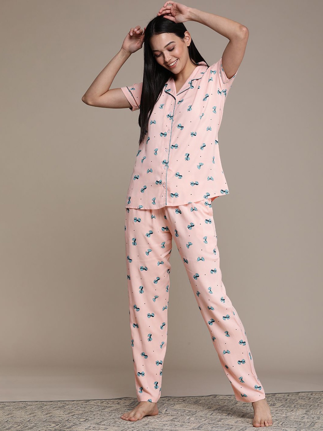 

beebelle Women Conversational Printed Night suit, Peach