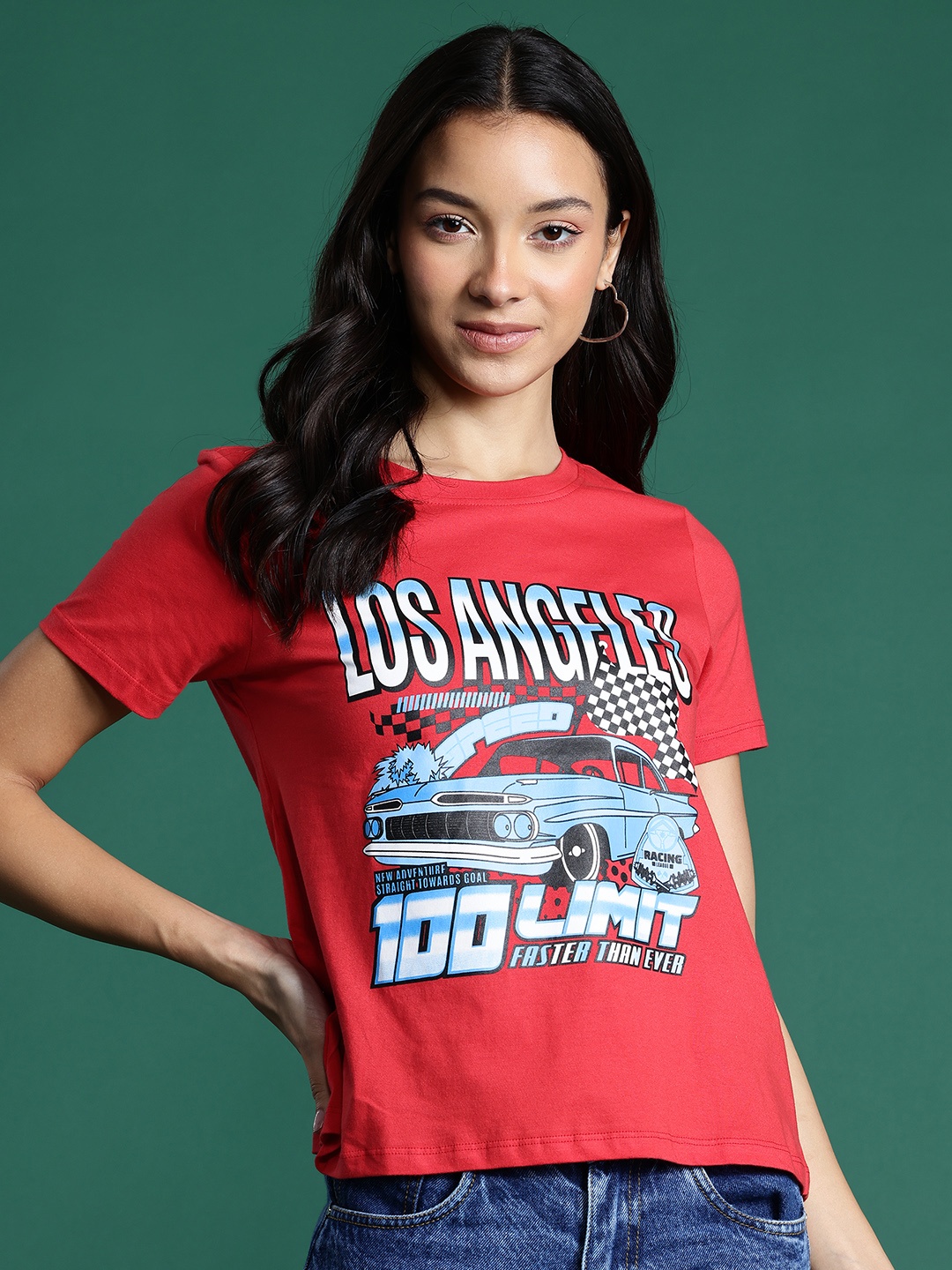 

DressBerry Graphic Printed Drop-Shoulder Sleeves Pure Cotton T-shirt, Red