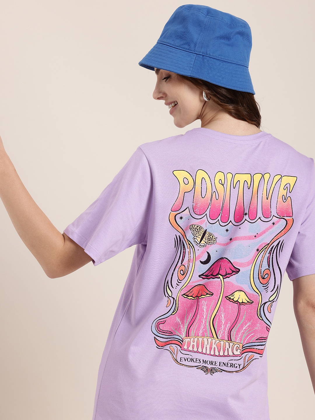 

HERE&NOW Printed Drop-Shoulder Sleeves Pure Cotton Relaxed Fit T-shirt, Lavender