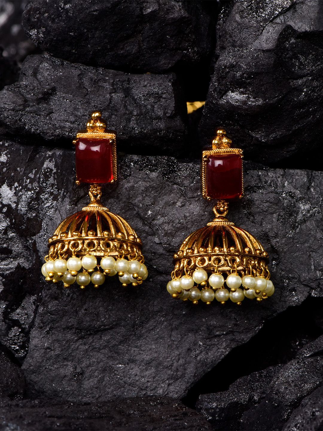 

SHARLEEZ Dome Shaped Jhumkas Earrings, Red