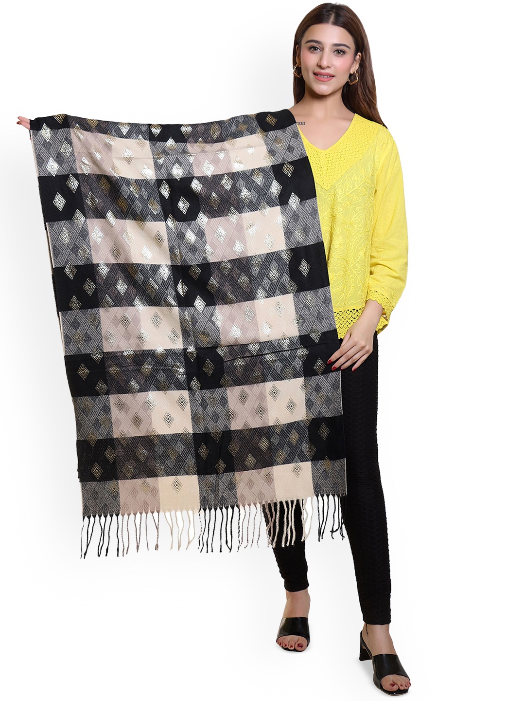 

Oswal International Women Checked Printed Acrylic Shawl, Black