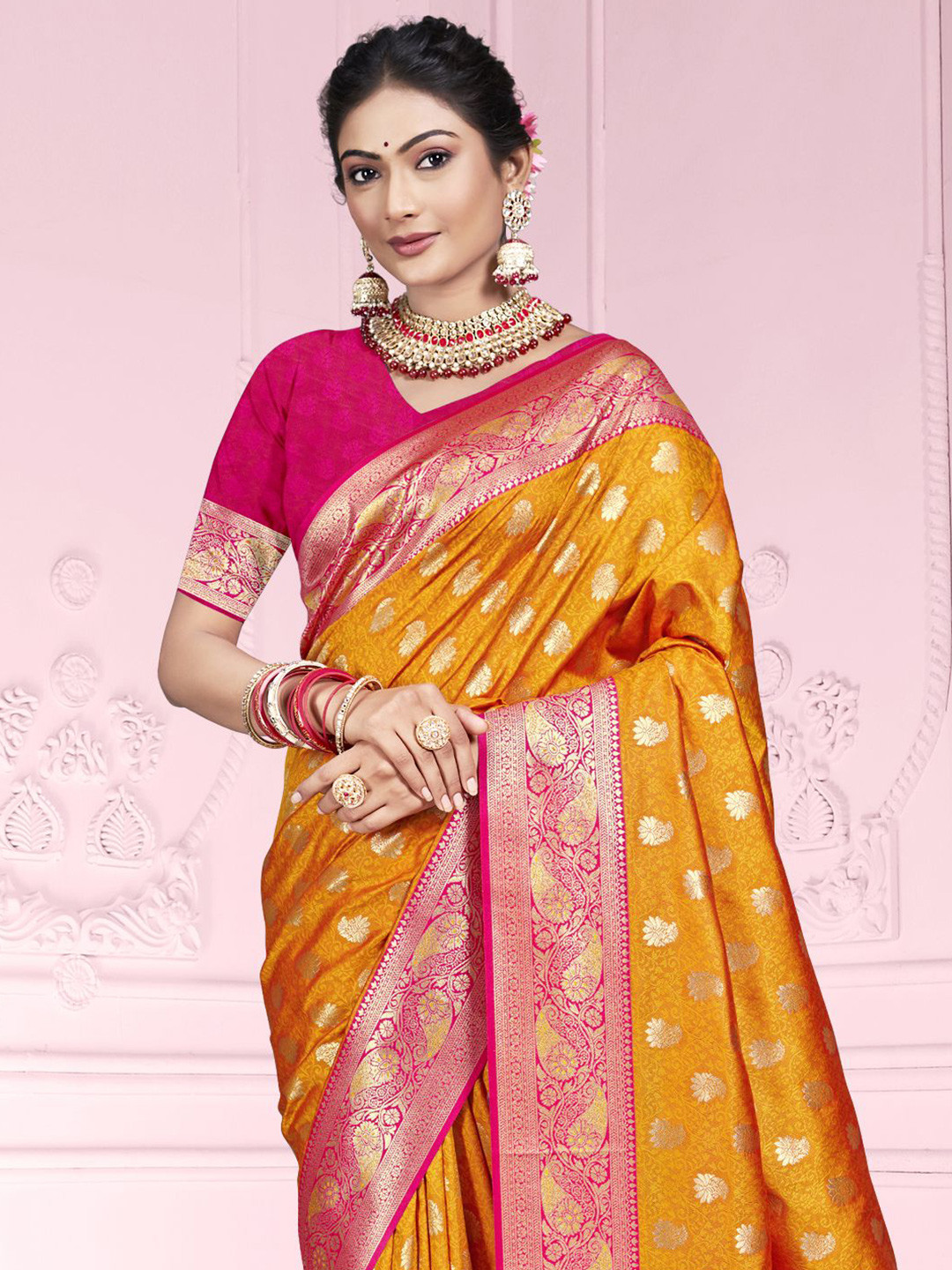 

Ishin Woven Design Zari Silk Blend Saree, Orange