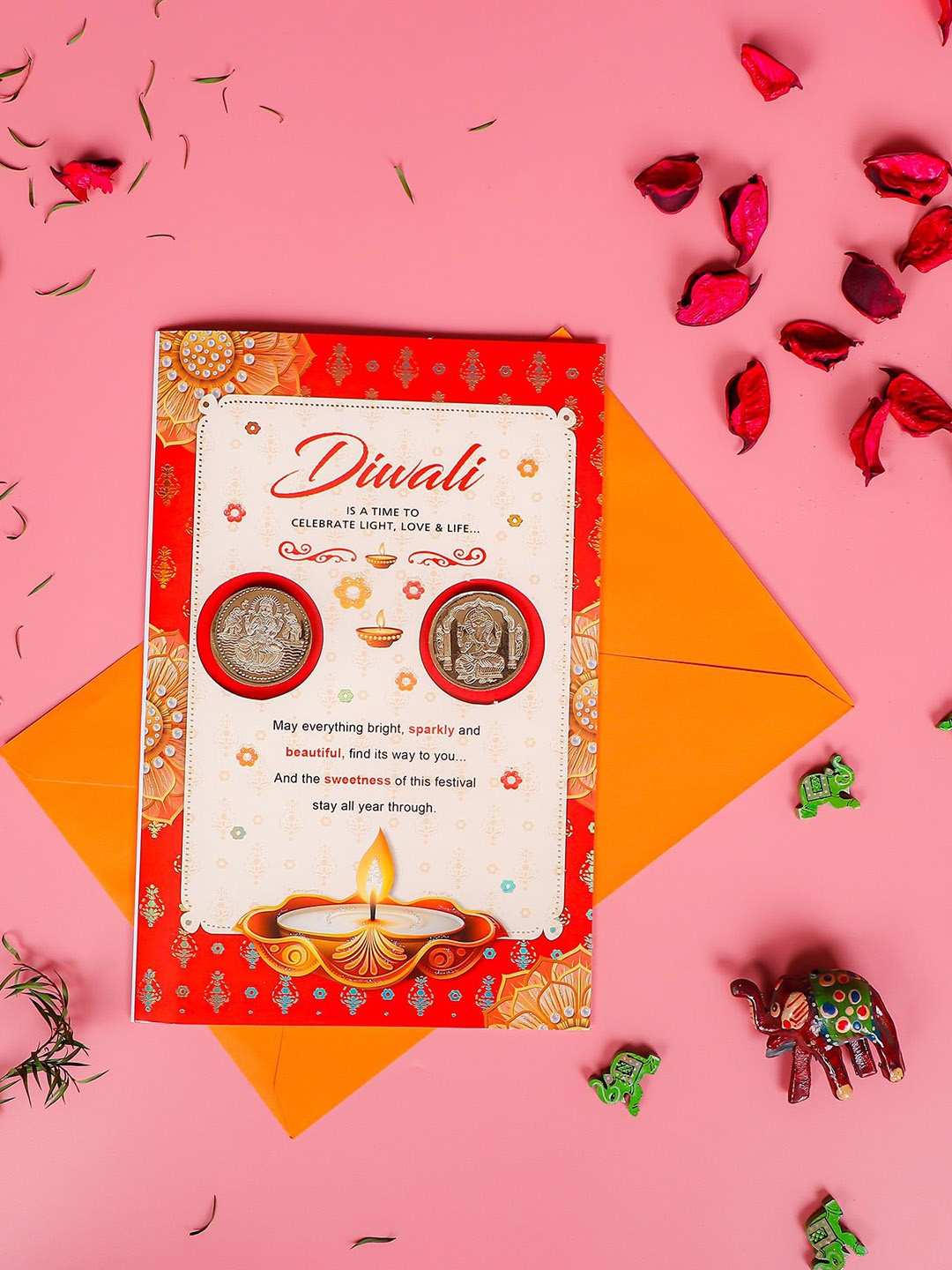 

Archies 2 Pcs Diwali Aarti With Golden Coins Greeting Card, Red