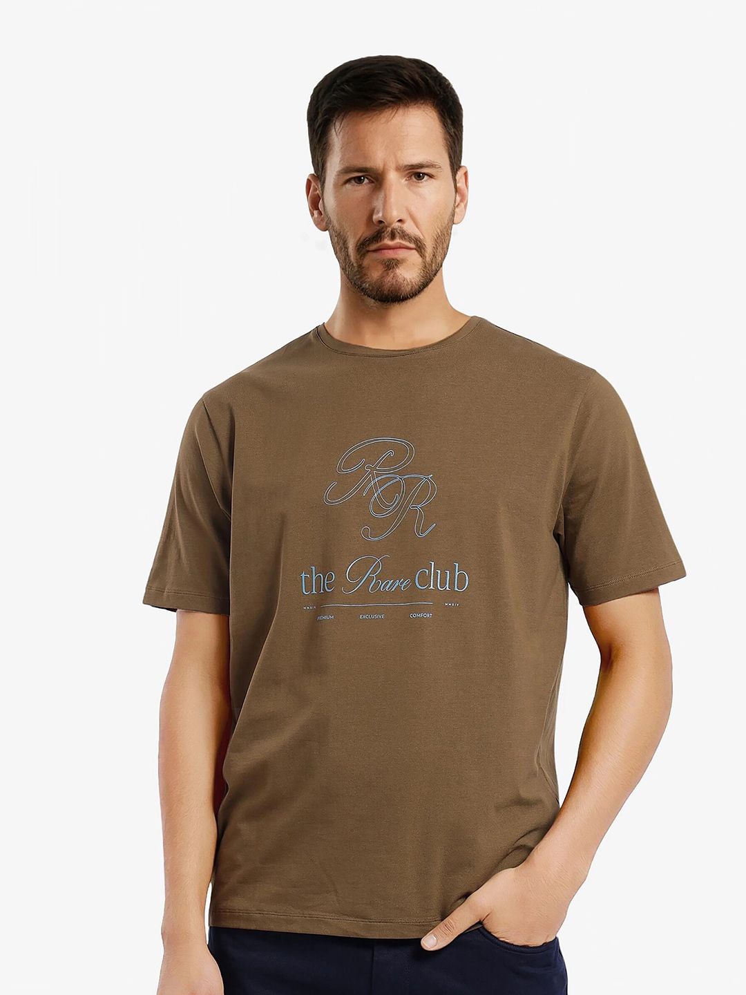 

RARE RABBIT Men Typography Printed Round Neck Cotton T-shirt, Brown