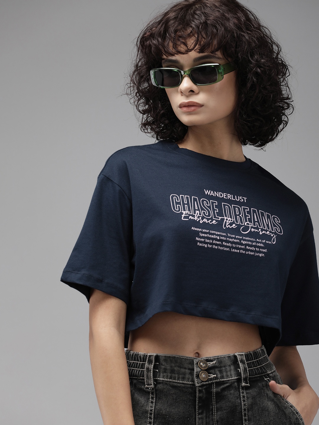 

The Roadster Life Co. Pure Cotton Typography Printed Drop-Shoulder Sleeves Crop T-shirt, Navy blue