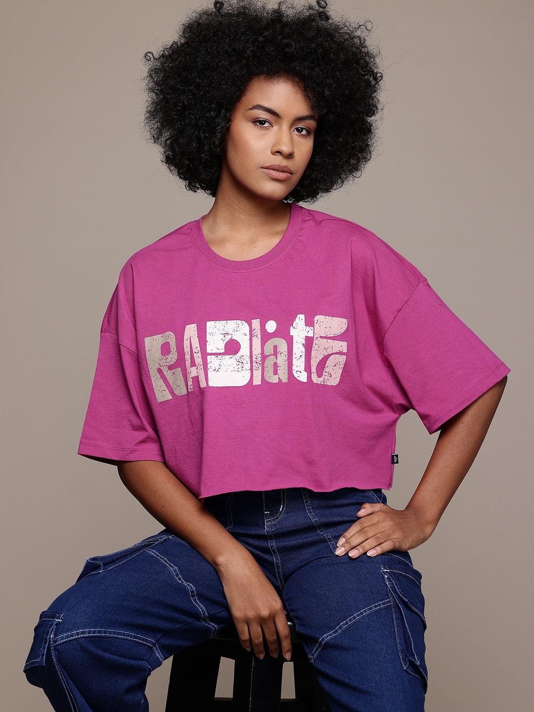 

The Roadster Lifestyle Co. Printed Drop-Shoulder Sleeves Boxy T-shirt, Purple