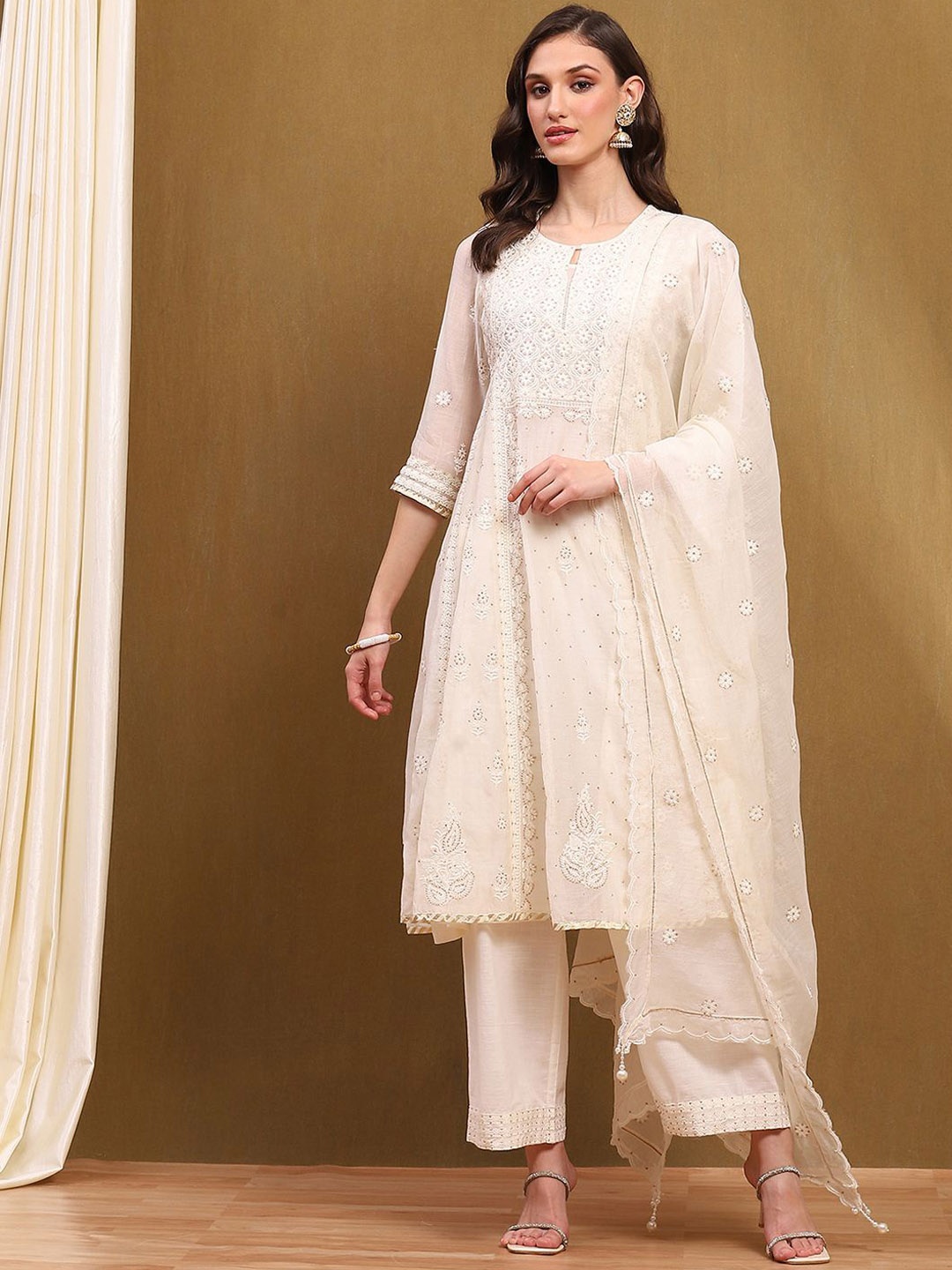 

Biba Floral Embroidered Mukaish Chanderi Silk A-Line Kurta With Palazzo & Dupatta, White