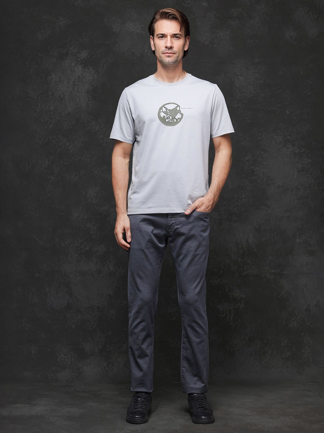 

RARE RABBIT Men Graphic Printed Round Neck Cotton Oversized T-shirt, Grey