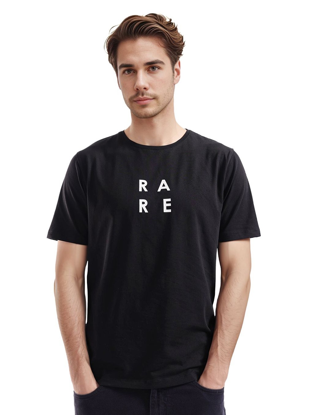 

RARE RABBIT Men Typography Printed Round Neck Cotton T-shirt, Black