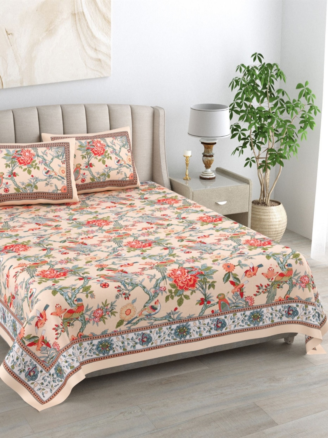 

DE CAMA Nude-Coloured Ethnic Motifs Pure Cotton 210 TC King Bedsheet Set 2.28 x 2.74 Mts