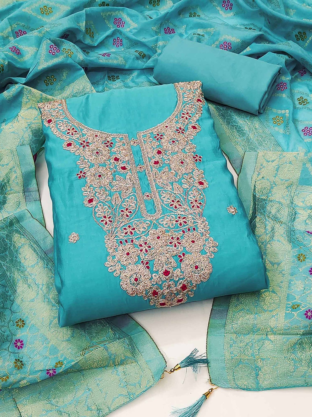 

Peachmode Ethnic Motifs Embroidered Sequinned Unstitched Dress Material, Blue