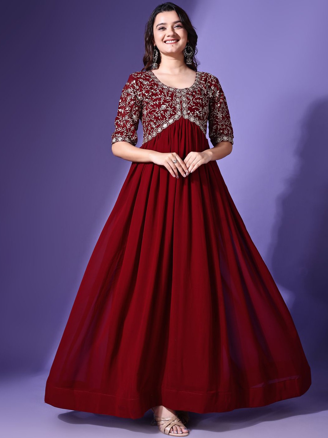 

KALINI Floral Embroidered Round Neck Gathered Georgette Fit & Flare Maxi Ethnic Dress, Maroon