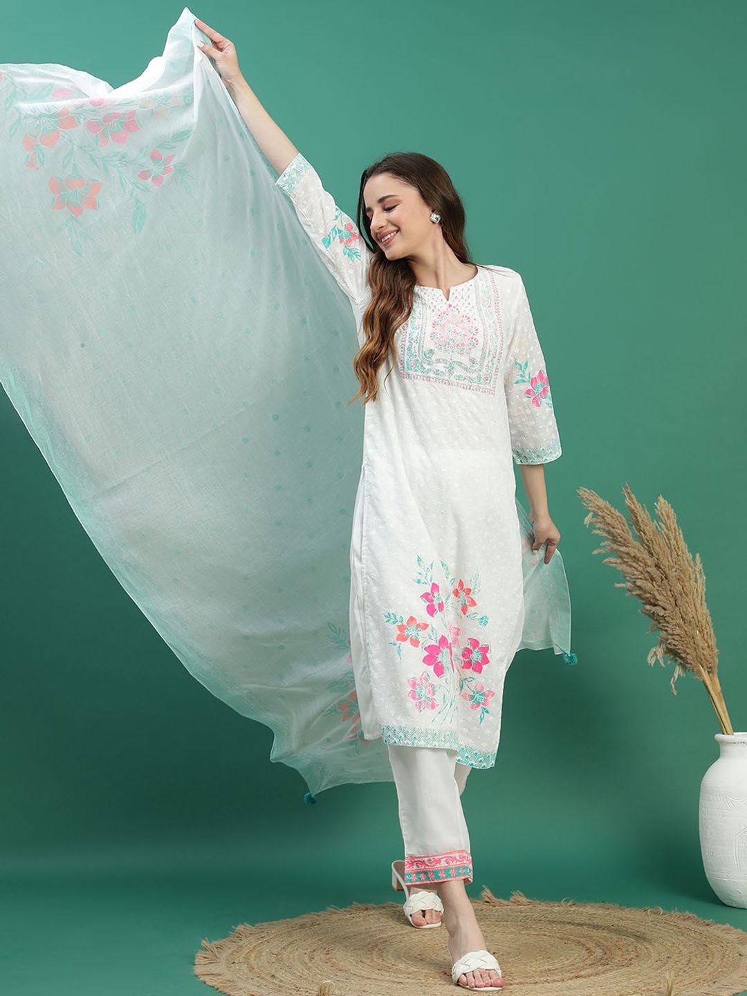 

Ramas Floral Printed Thread Work Pure Cotton Kurta with Trousers & Dupatta, White