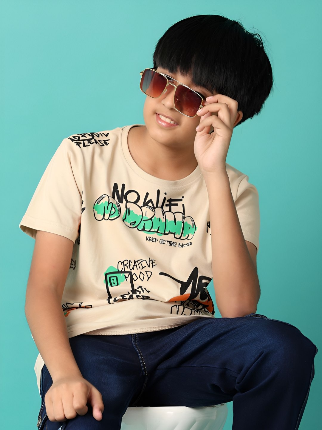

V-Mart Boys Typography Printed Round Neck Cotton T-shirt, Beige