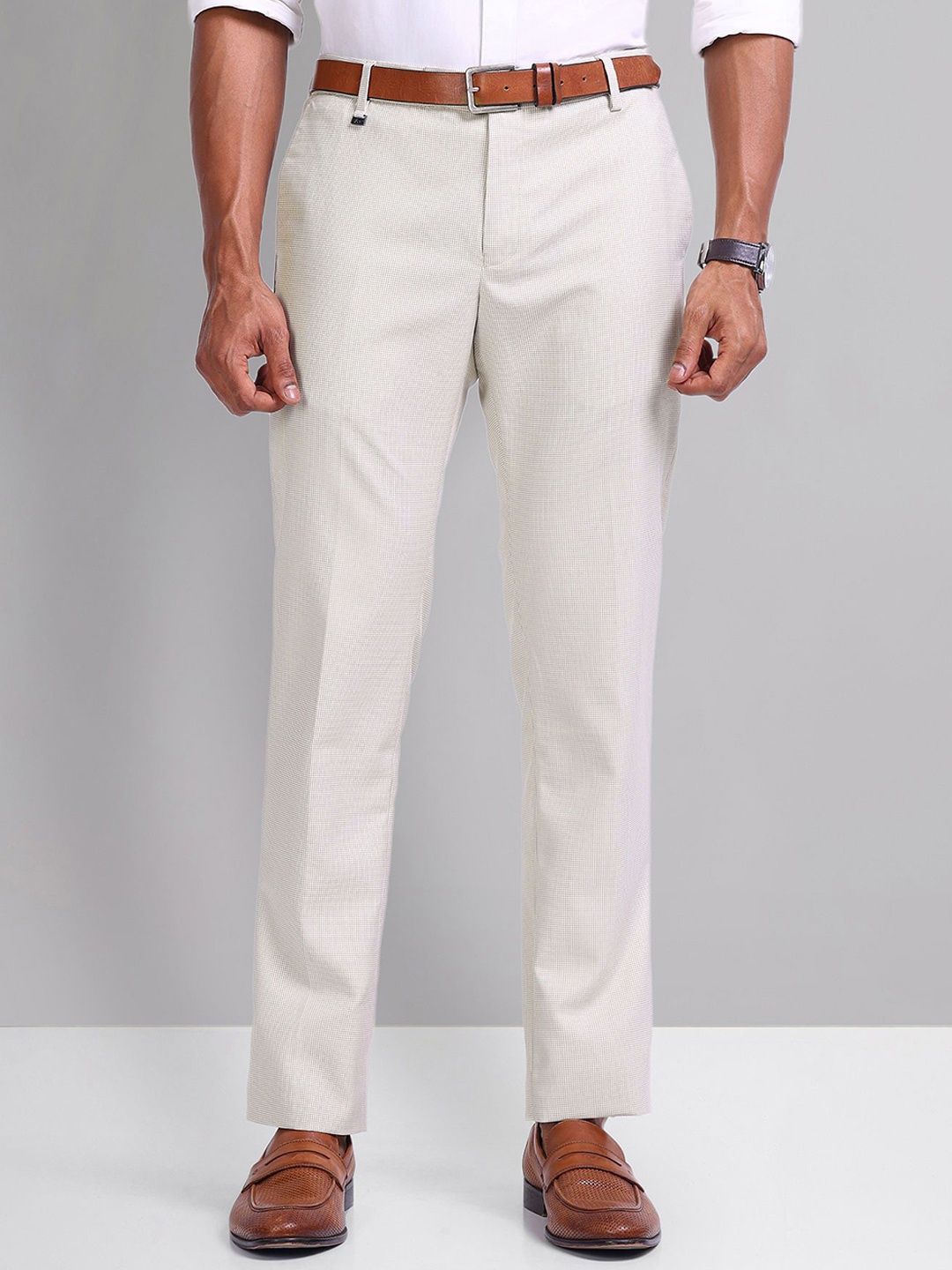 

AD By Arvind Men Textured Formal Trousers, Beige