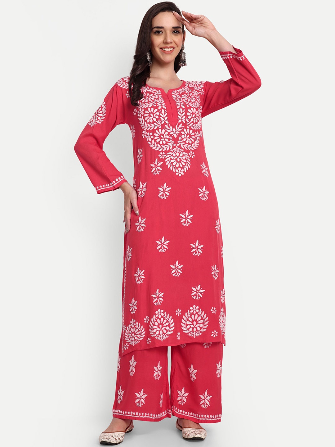 

Indiankala4u Ethnic Motifs Embroidered Chikankari Straight Kurta With Palazzos, Red