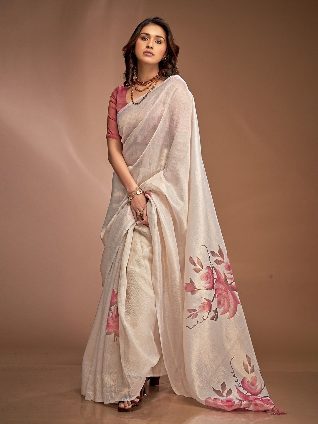 

MySilkLove Floral Printed Tissue Saree, White