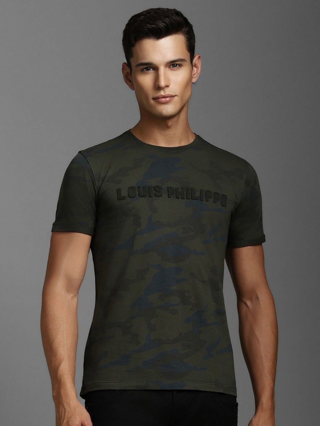 

Louis Philippe Jeans Men Abstract Printed Round Neck Cotton Slim Fit T-shirt, Olive