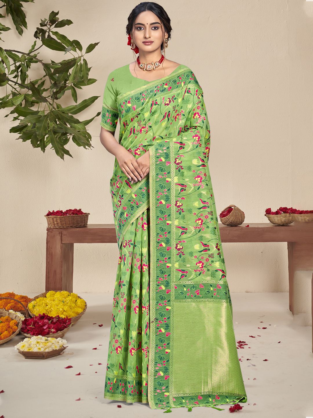 

Ishin Woven Design Zari Silk Blend Saree, Green