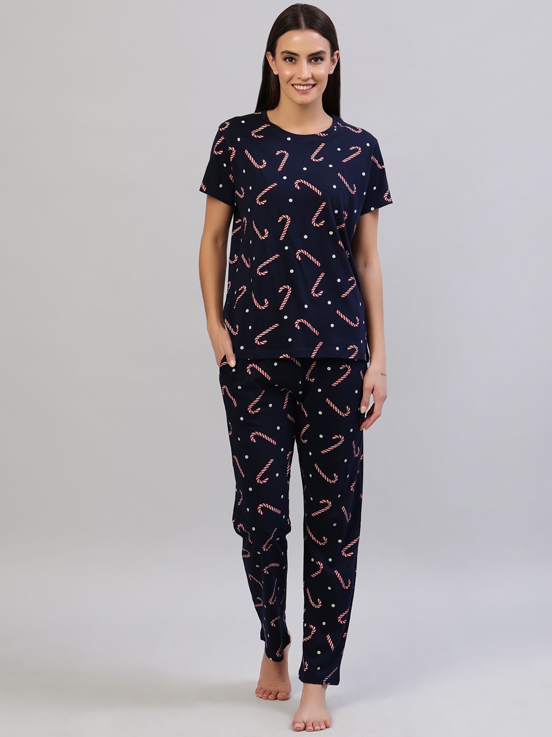 

evolove Women Conversational Printed Pure Cotton Night suit, Navy blue