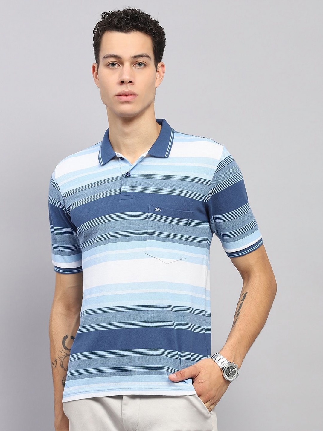 

Monte Carlo Men Striped Polo Collar Cotton T-shirt, Blue