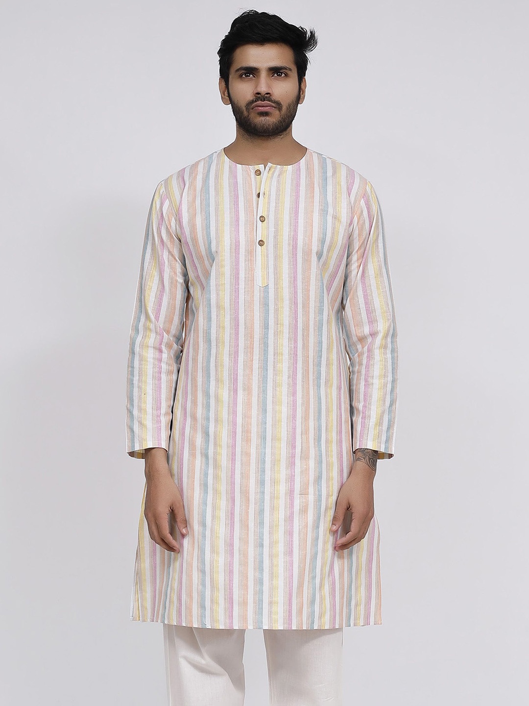 

TJORI Striped Cotton Straight Kurta, White