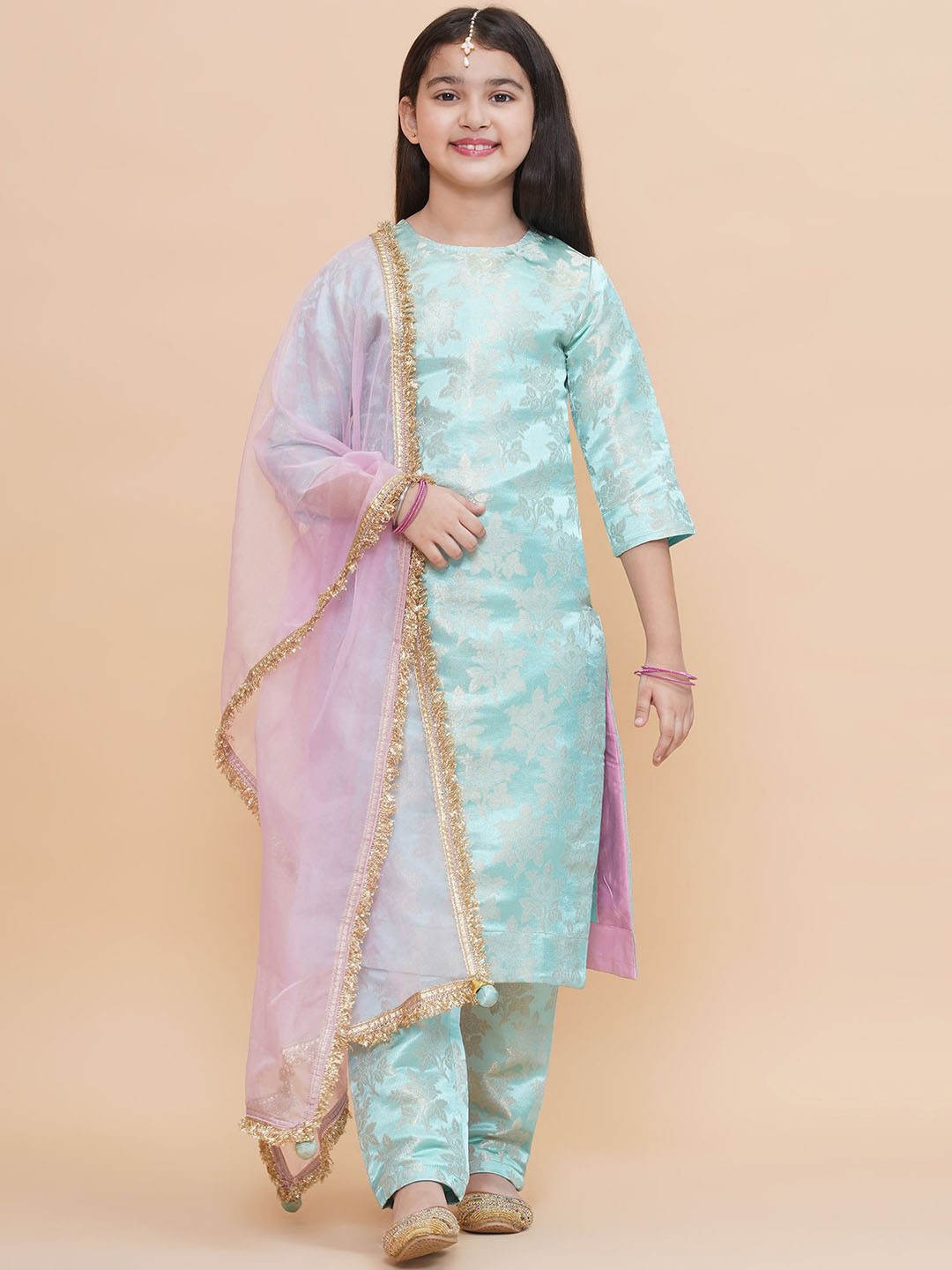 

PICCOLO Girls Floral Woven Design Dupion Silk Straight Kurta with Trousers & Dupatta, Blue