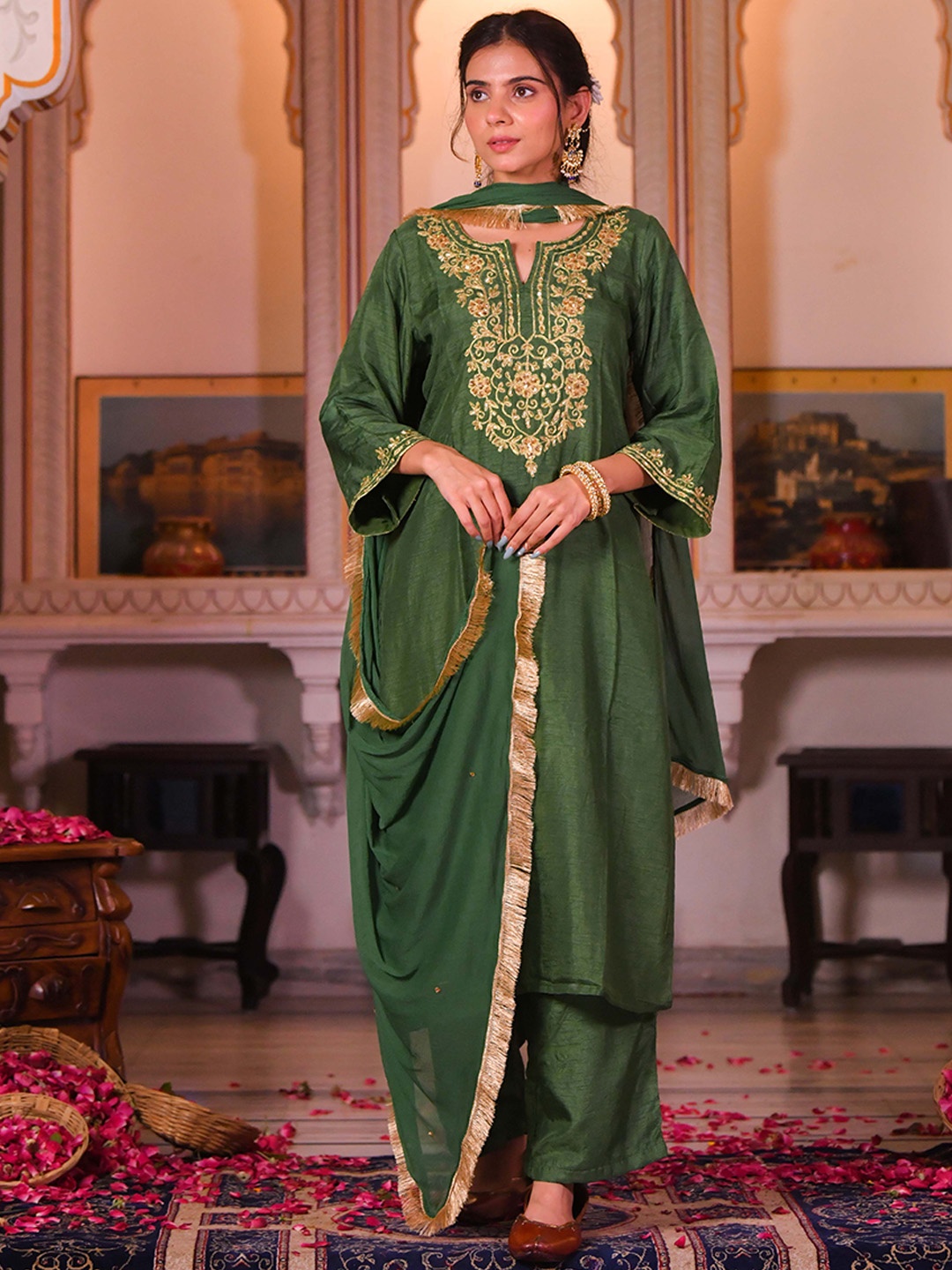 

MAHUKAA Floral Embroidered Notch Neck Straight Kurta With Palazzos & Dupatta, Green