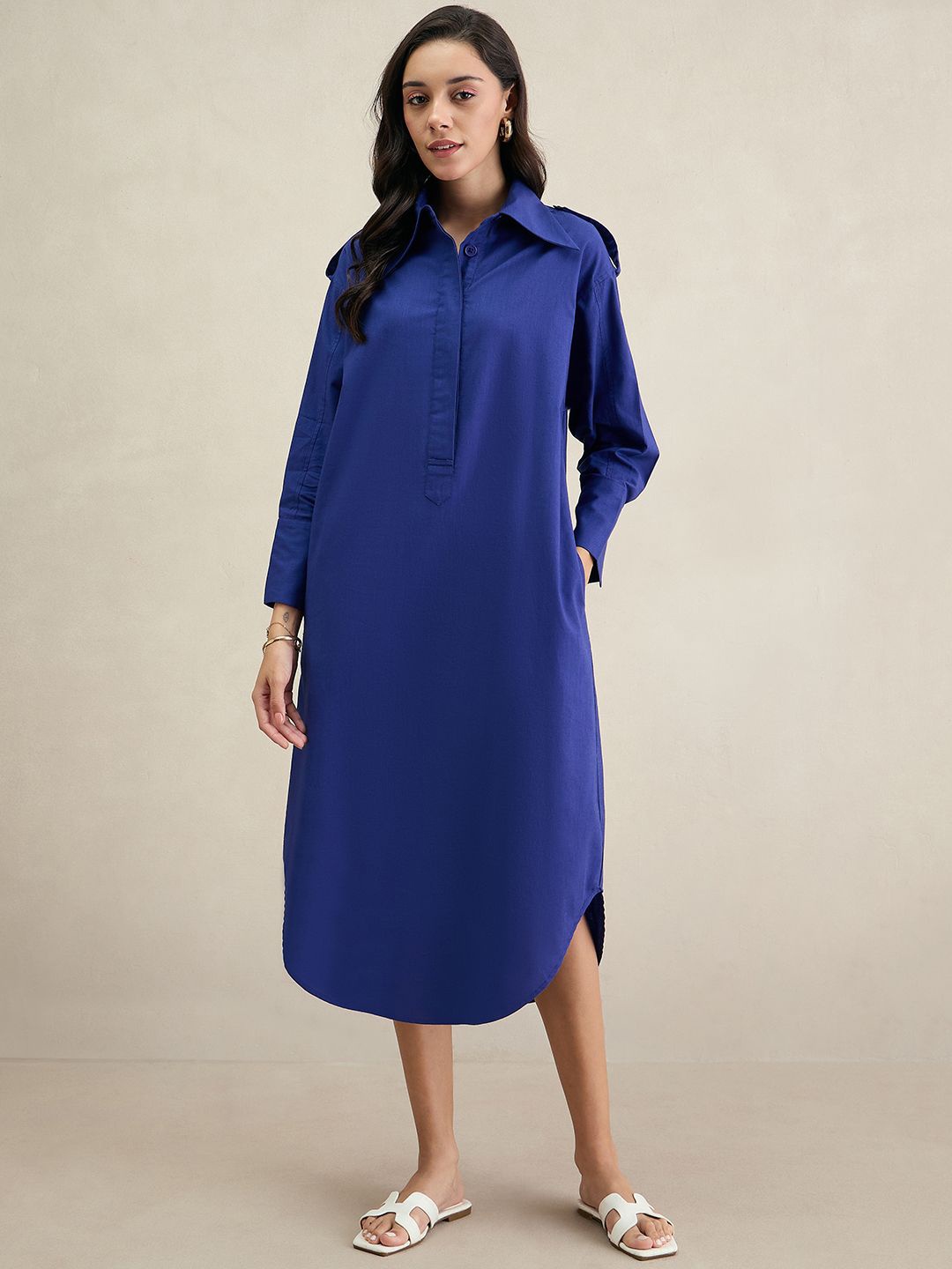 

FEMMELLA Women Self Design A-Line Maxi Cotton Dress, Blue