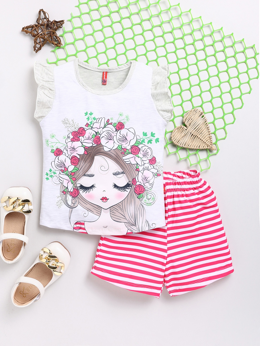 

Here&Now X Game Begins Girls Printed Top with Striped Shorts, Grey melange