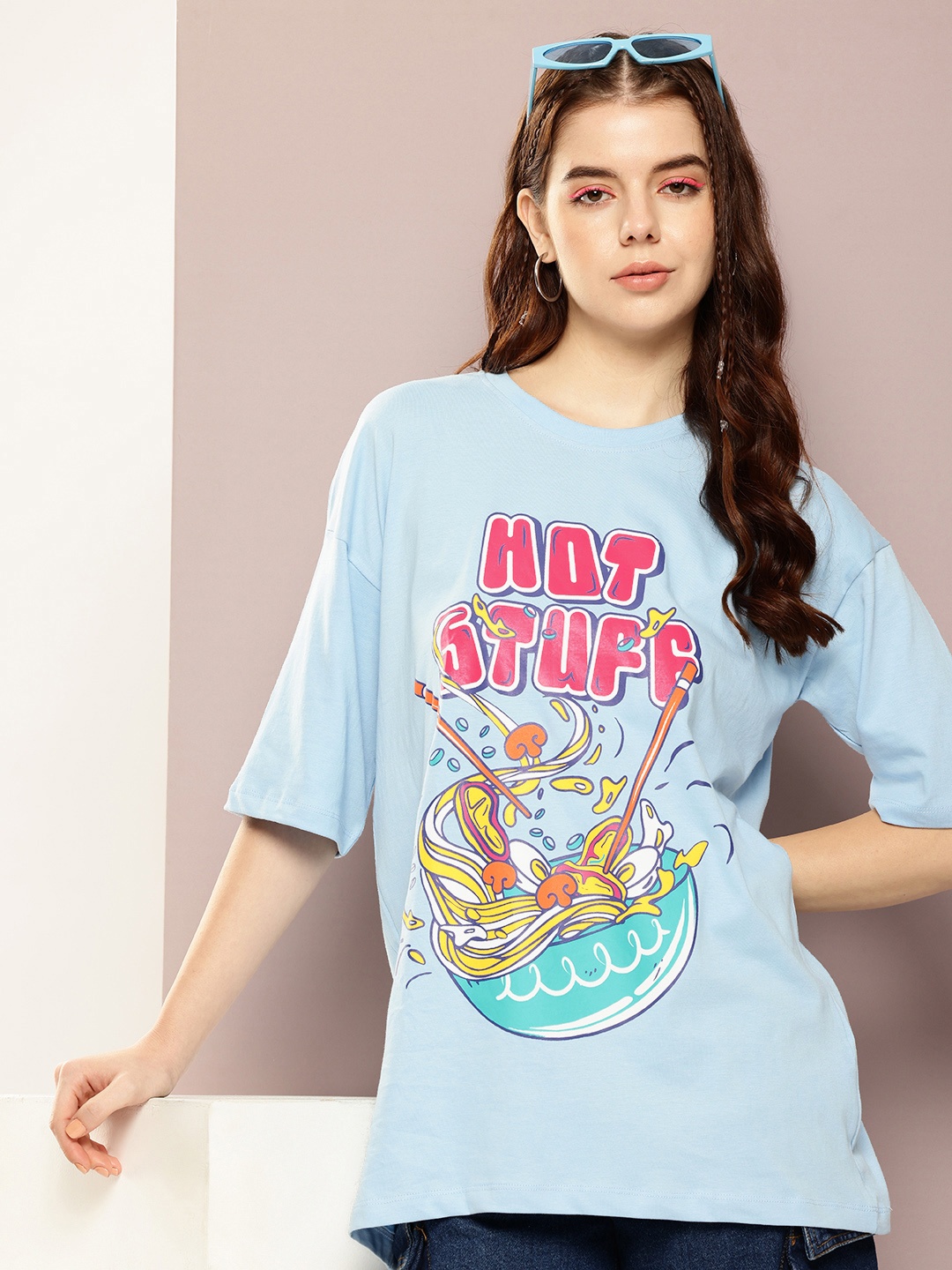

Kook N Keech Printed Drop-Shoulder Sleeves Pure Cotton Oversized T-shirt, Blue