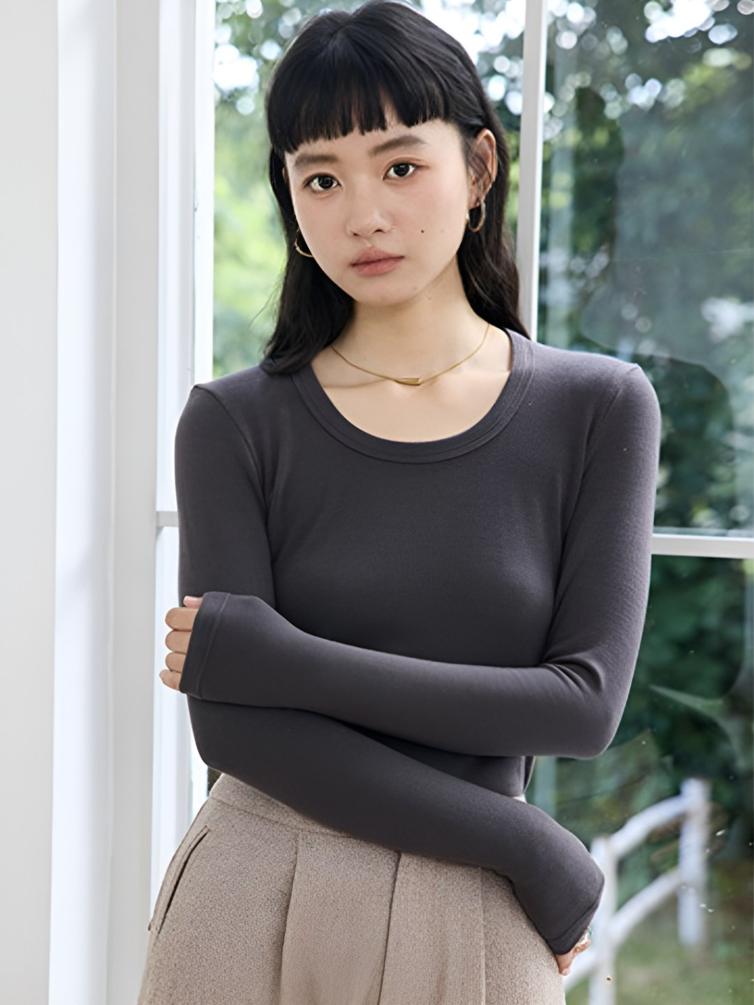 

LULU & SKY Women Solid Round Neck Acrylic T-shirt, Charcoal