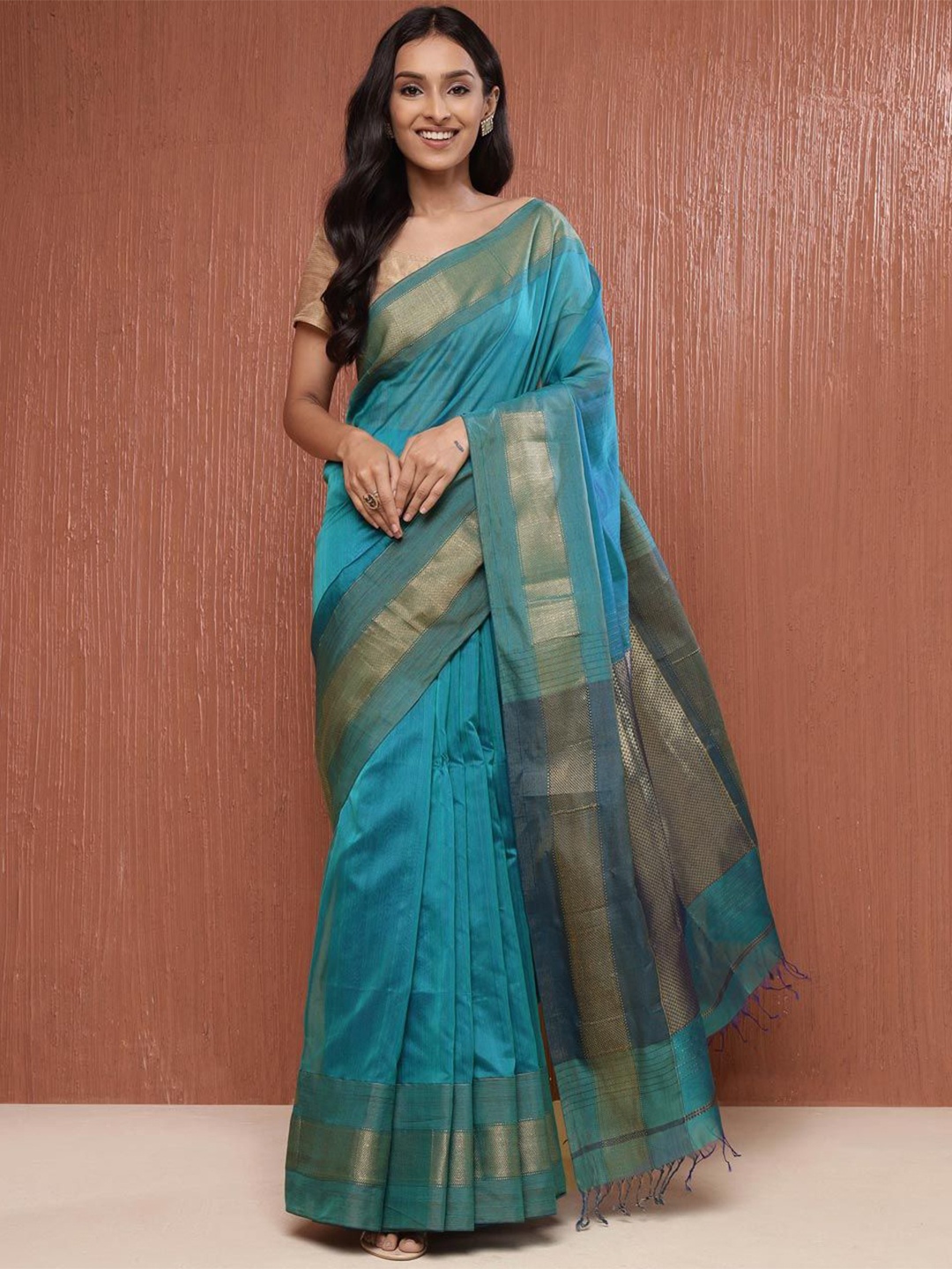 

Fabindia Cotton Silk Blend Maheshwari Sari, Turquoise blue
