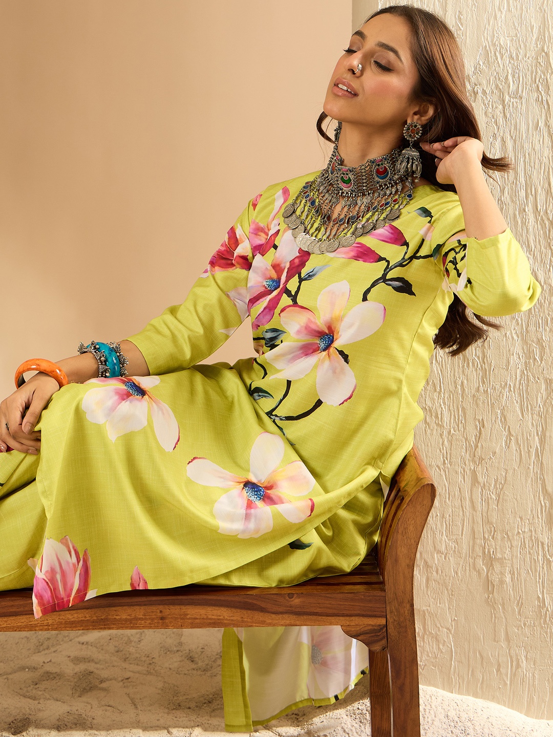 

Indo Era Women Floral Printed Regular Kurta with Trousers, Olive