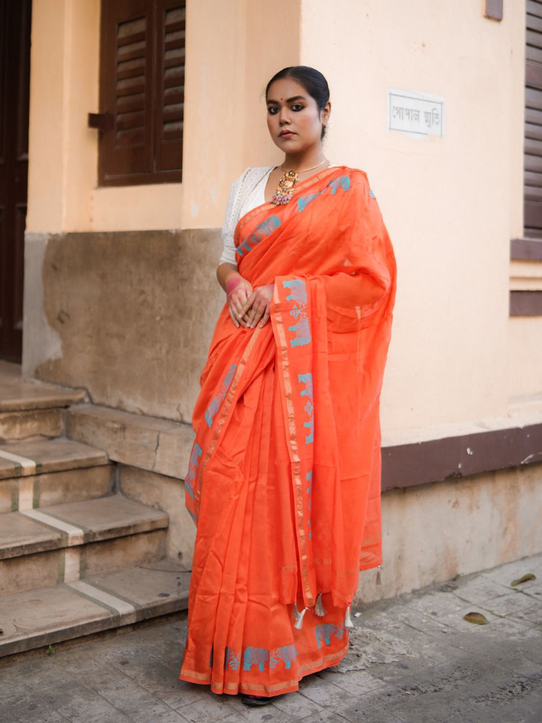 

Apaapi Threads of glory Ethnic Motifs Zari Pure Silk Block Print Saree, Orange